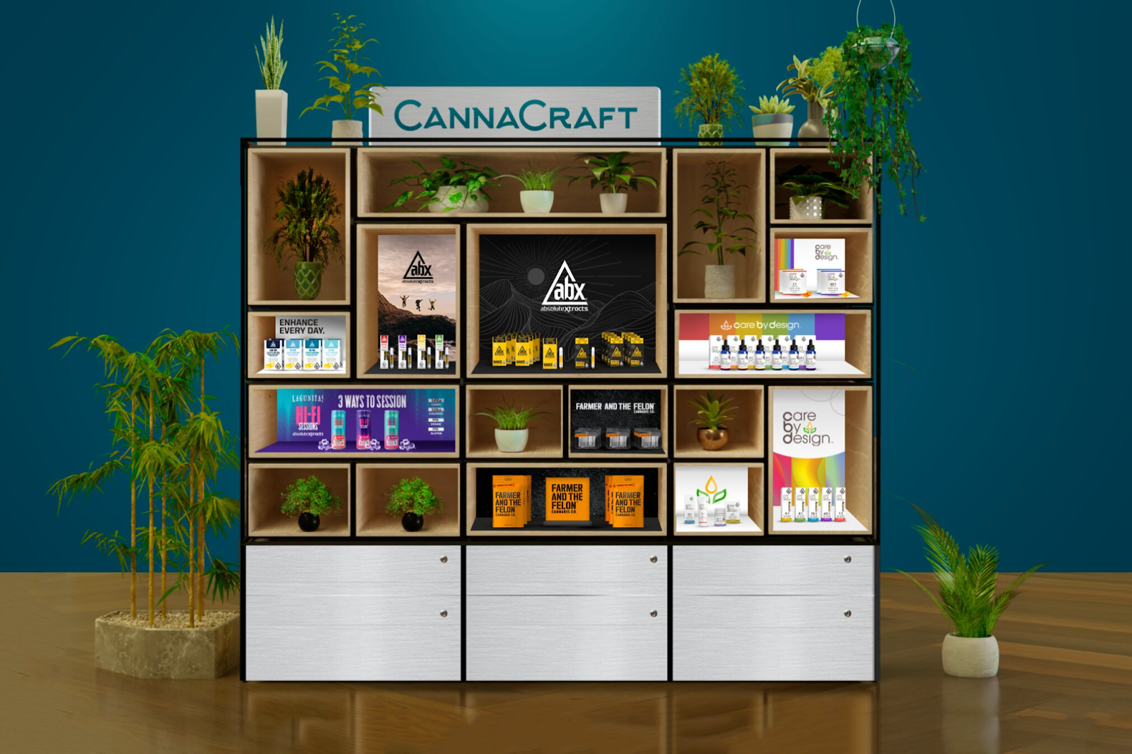 Woman looking at shelf of Cannabis packaging